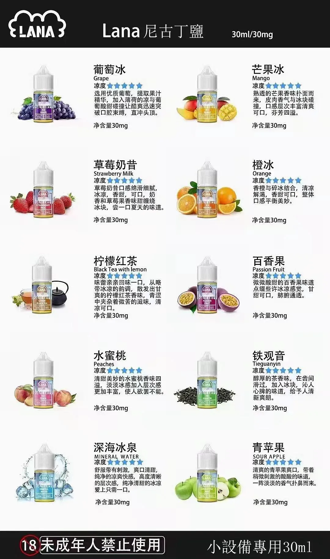LANA 拉娜系列 30mg 尼古丁鹽 入喉絲滑順暢 不鎖喉不嗆辣 晶瑩剔透果香層次 精品級調香工藝 台灣現貨:圖片 4